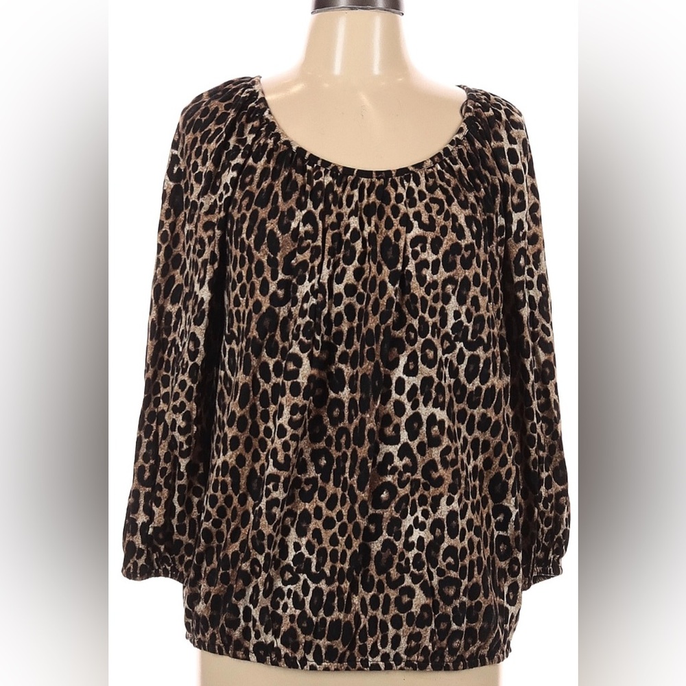 Michael Kors animal print black brown Blouse, top. 3/4 sleeves.  Size L